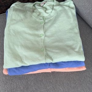 Lot of 3 J. Crew Cardigans Sz L — 2 Caryn (Purple and Green) and 1 Clare (Peach)